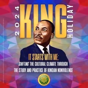 portrait of Martin Luther King Jr. with text: 2024 King Holiday.